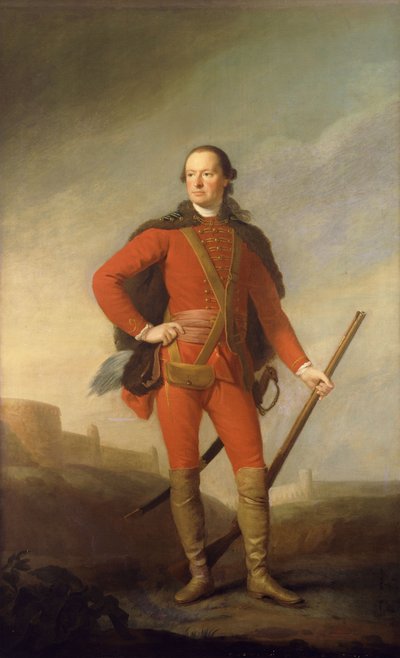 Portrait of Charles, 5th Earl of Elgin and 9th Earl of Kincardine, Standing Full Length in a Scarlet Costume and Fur-Trimmed Cape Holding a Musket in a Romantic Landscape with a Castle Beyond by Allan Ramsay