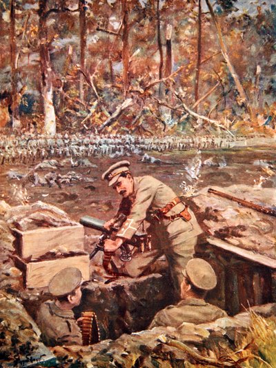 Lieutenant Dimmer repairing a machine-gun while exposed to the fire of the advancing Prussian Guard by Allan Stewart
