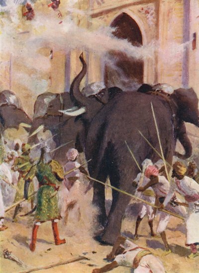 War Elephants Charge the Gates of the Fort at Arcot by Allan Stewart