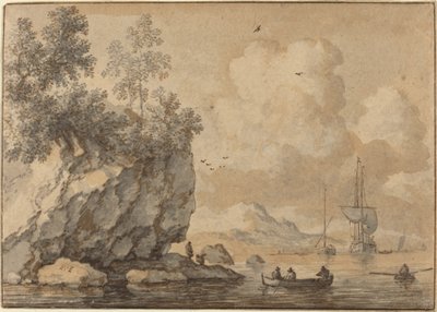 Figures in Rowing Boats in a Rocky Cove, Sailing Ships Beyond by Allart van Everdingen