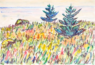 Watercolor No. 35, Field with Two Pine Trees by Allen Tucker