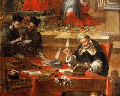 Two Jesuits talking while St Raymond writes the Council (detail), St Raymond of Penafort, advisor to Pope Gregory IX, by Alonso Antonio Villamor. From the Convent of St Esteban, Salamanca, Spain. by Alonso Antonio Villamor