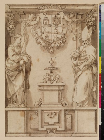 Design for a title page with two saints on pedestals and an imaginary Spanish coat of arms, 17th century by Alonso Cano