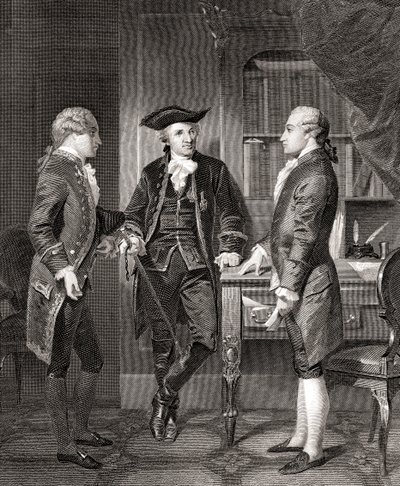 Johann Henry Jules Alexandre von Robaii, Baron de Kalb introducing Lafayette to Silas Deane, from Life and Times of Washington, Volume 1, published in 1857 by Alonzo (after) Chappel