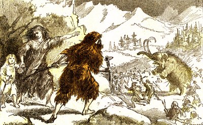 Prehistory-mammoth hunting. Ice Period: Natural Creation and Living Beings. Drawing by A. Demarle. 1885 by Alphonse Demarle