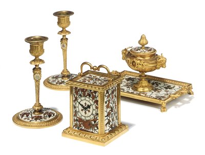 Napoleon III four-piece desk set, marquetry by Duvinage and Harinckouk by Alphonse Gustave Giroux