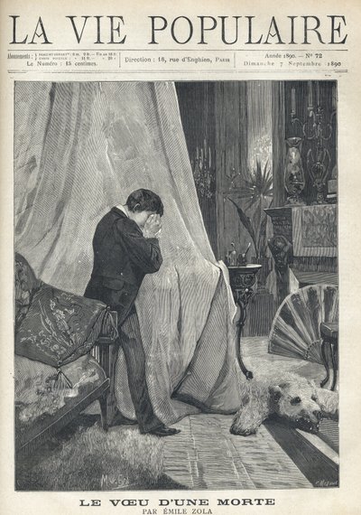 A man weeps, hiding his tears and his face in a handkerchief, standing behind the canopy of a bed, in a richly decorated bedroom, with bear skin, embroidered cushions, fan and various vases and candlesticks. Illustration by Alfons Maria Mucha by Alphonse Mucha
