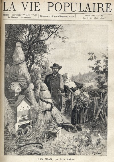 A man on a country road looks, eyes in the wave, the location of a dozen hives. An old peasant, leaning on a stick, curved under the grass crop she carries on her back, addresses him and shows him with a gesture of hand the entrance gate of a cemetery. by Alphonse Mucha
