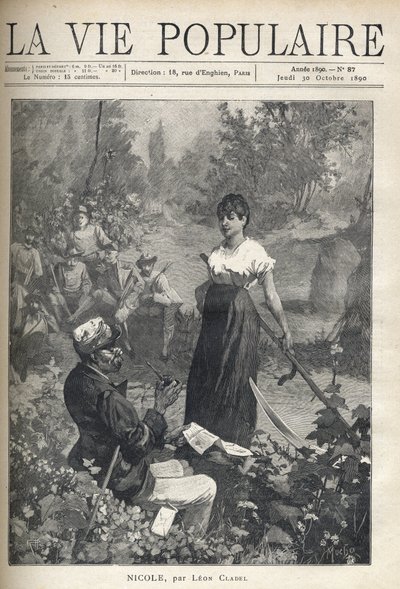 An Old Man Reads a Letter to a Beautiful Young Peasant Holding a Fake (Reaper). Hunters are Watching the Scene in the Distance. Illustration by Alfons Maria Mucha by Alphonse Mucha