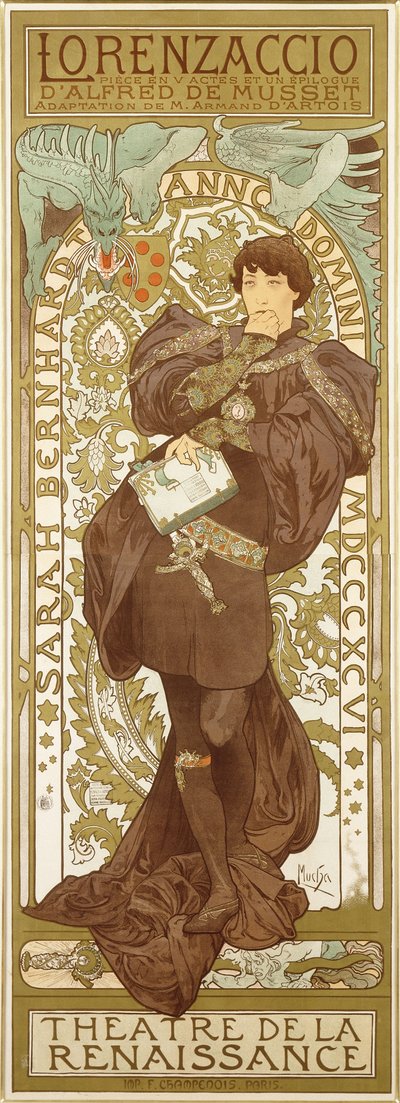 Lorenzaccio, Depicting the Standing Figure of Sarah Bernhardt in the Role by Alphonse Mucha