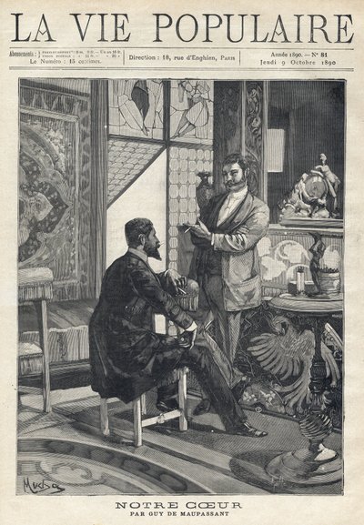 Two men, one sitting and the other standing, face each other and are in full conversation, smoking cigarettes in a richly decorated living room (stained glass windows, furniture, art objects). Illustration by Alfons Maria Mucha (Alphonse Marie Mucha) by Alphonse Mucha