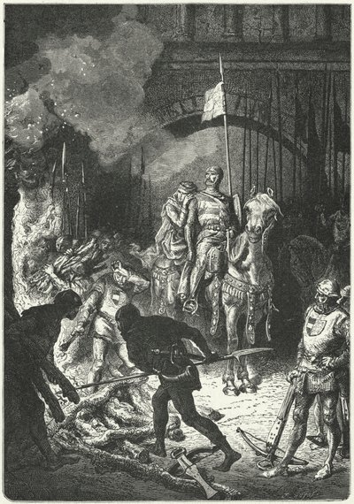 El Cid, accompanied by his wife Dona Jimena, oversees the building of the funeral pyre of Ahmed, Moorish King of Valencia by Alphonse Marie de (after) Neuville