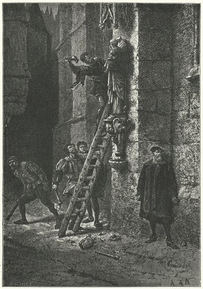 Protestants destroying a statue of the Virgin and Child on Notre Dame, Paris by Alphonse Marie de (after) Neuville