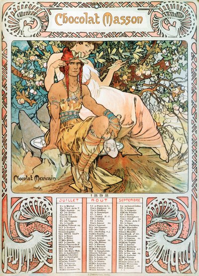 Adult Calendar page of the year 1898 decorated with an advertising illustration for the chocolates Masson 