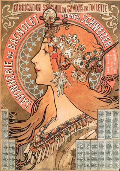 Calendar page of the year 1898 decorated with an advertising illustration for the soap company Savonnerie de Bagnolet Alfred Schweizer by Alphonse Mucha