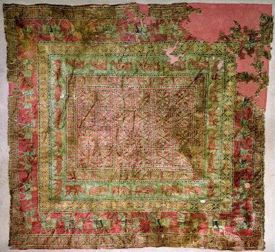 Pile Carpet depicting horses, riders, fallow deer and griffins, from Pazyryk burial mounds by Altaic School