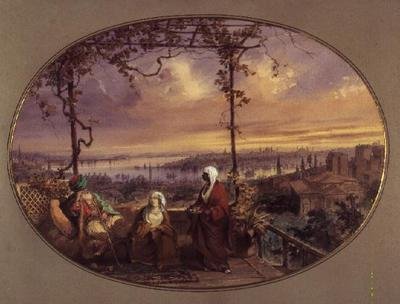 View from Terrace of a House in Galata, with a Turk, His Wife and Servant Looking Towards the Mouth of the Golden Horn and Bosphorus by Amadeo Preziosi