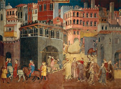 Effects of good government in city, detail from Allegory and effects of good and bad government in town and country by Ambrogio Lorenzetti