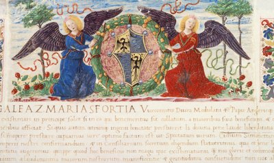 Angels Holding a Shield Depicting a Sforza Coat of Arms, Miniature by Ambrogio Bergognone from a Manuscript, Italy 1477 by Ambrogio da Fossano (c.1460 1523)