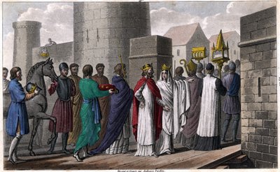 Chilperic, after the murder of Sigebert, entered Paris following a procession to not appear to violate the oath he had made to come there only with the consent of his brothers. Brunehaut, who had gone there with his son Childebert by Ambroise Tardieu