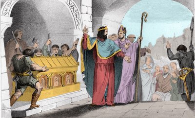 Clovis II (635-657) Selling Silver and Gold from the Shrine to Feed the Poor. Clovis II (635-657) to feed the poor made the gold and silver blades removed from the church of Saint-Denis. Engraving 1825 in 