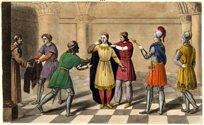 Thierry III is taken from the abbey of Saint Denis to rise to the throne. Designed and engraved by Ambroise Tardieu in 1825 by Ambroise Tardieu
