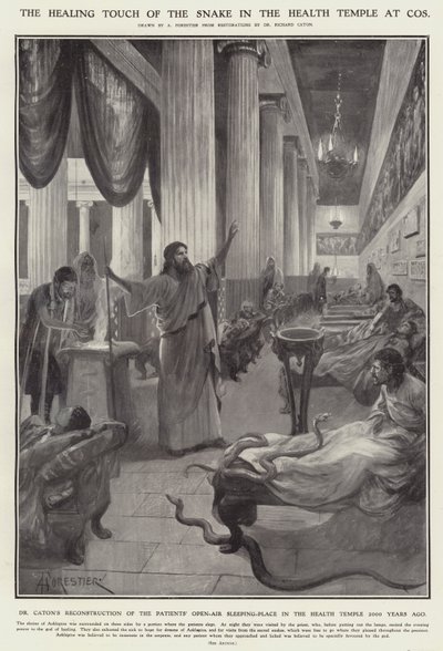 The healing touch of the snake in the health temple at Cos by Amedee (after) Forestier