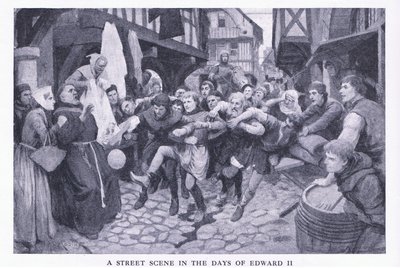 A street scene in the days of Edward II by Amedee Forestier