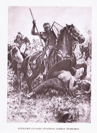 Auxiliary Cavalry Attacking German Tribesmen (illustration from The Roman Soldier) by Amedee Forestier