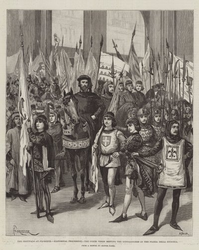 The Festivals at Florence, Historical Procession, the Conte Verde meeting the Gonfaloniere in the Piazza della Signoria by Amedee Forestier