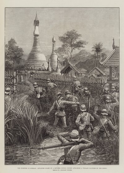 The Fighting in Burmah, Advanced Guard of a Movable Flying Column attacking a Village occupied by the Enemy by Amedee Forestier