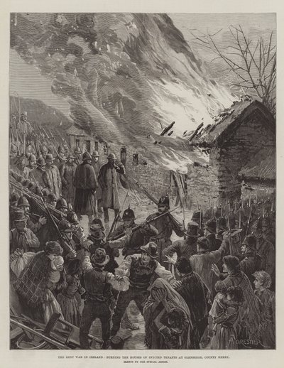 The Rent War in Ireland, Burning the Houses of Evicted Tenants at Glenbeigh, County Kerry by Amedee Forestier