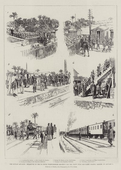The Soudan Advance, Departure of the 6th Royal Warwickshire Regiment for the Front from Sidi-Gaber Station, Ramleh, on 9 January by Amedee Forestier