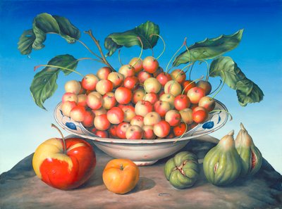 Cherries in Delft bowl with red and yellow apple by Amelia Kleiser
