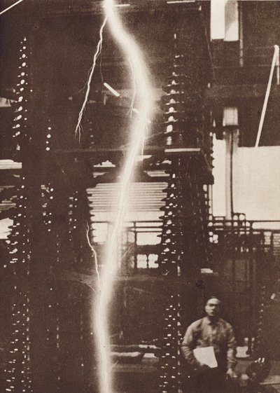 Discharge of artificial lightning from a five million-volt generator by American Photographer