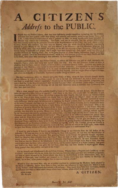 A Citizens Address to the Public re: support of Royal troops, 18th December 1769 by American School