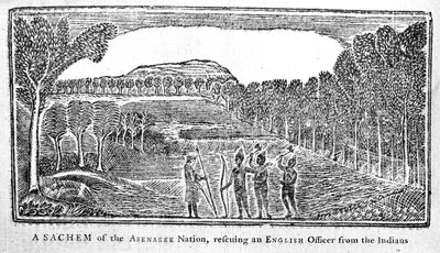 A Sachem of the Abenakee Nation rescuing an English Officer, illustration from Bickerstaff