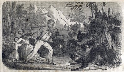 A man standing in front of a woman and child fighting off dogs by American School