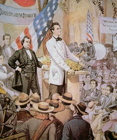 Abraham Lincoln (1809-65) in public debate with Stephen A. Douglas (1813-61) in Illinois by American School