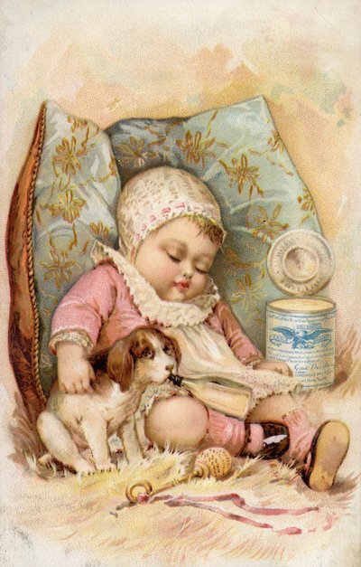 Baby with Puppy Drinking from Bottle, Advertisement for Preserved Milk by American School