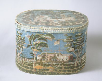 Bandbox Covered with Block-Printed Paper Showing View of Castle by American School