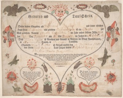 Birth and Baptismal Certificate for Maria Catharina Raup c.1806 by American School