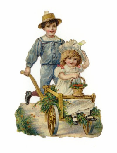 Boy Pushing Hand Cart with a Girl Seated Inside by American School