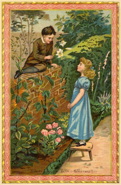 Boy Sitting on a Wall Offering Flowers to a Girl by American School