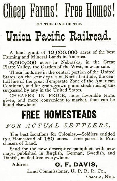 Cheap Farms and Free Homes on the Union Pacific Railroad Line, Advertisement from Appletons Journal, May 4, 1872 by American School