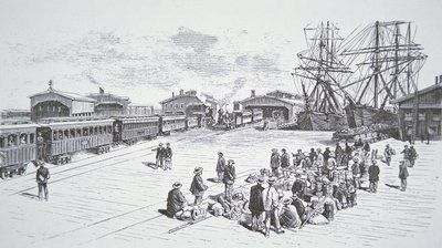 Chinese immigrants arriving in San Francisco to work on the transcontinental railroad during the 1860s by American School