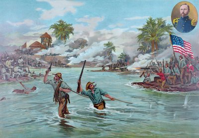 Col. Funston and 20th Kansas Volunteers crossing the River at Calumpit, April 26th 1899, pub. 1899 by American School