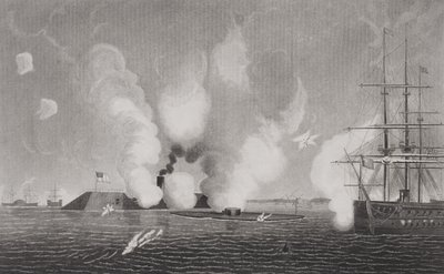 Combat between the Confederate CSS Virginia and the Union USS Monitor on March 9th 1862 at Hampton Roads, Virginia by American School