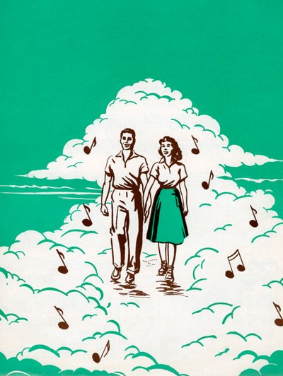 Couple Walking in Clouds Surrounded by Musical Notes by American School