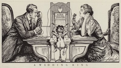 Cupid Orchestrating a Phone Call Between a Man and a Woman by American School